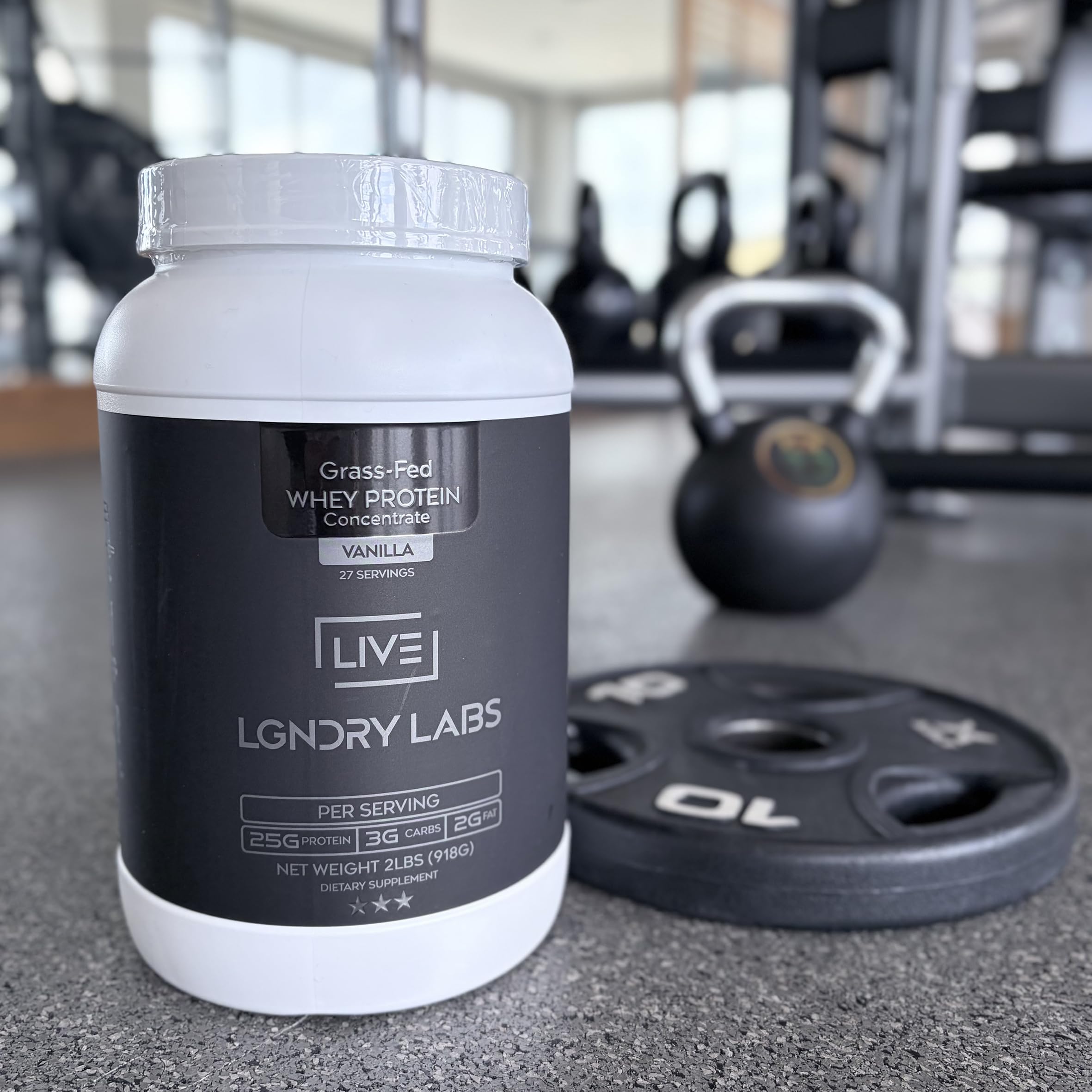 LIVE LGNDRY LABS gluten-free and soy-free label beside a scoop.