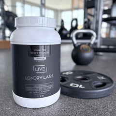 LIVE LGNDRY LABS gluten-free and soy-free label beside a scoop.