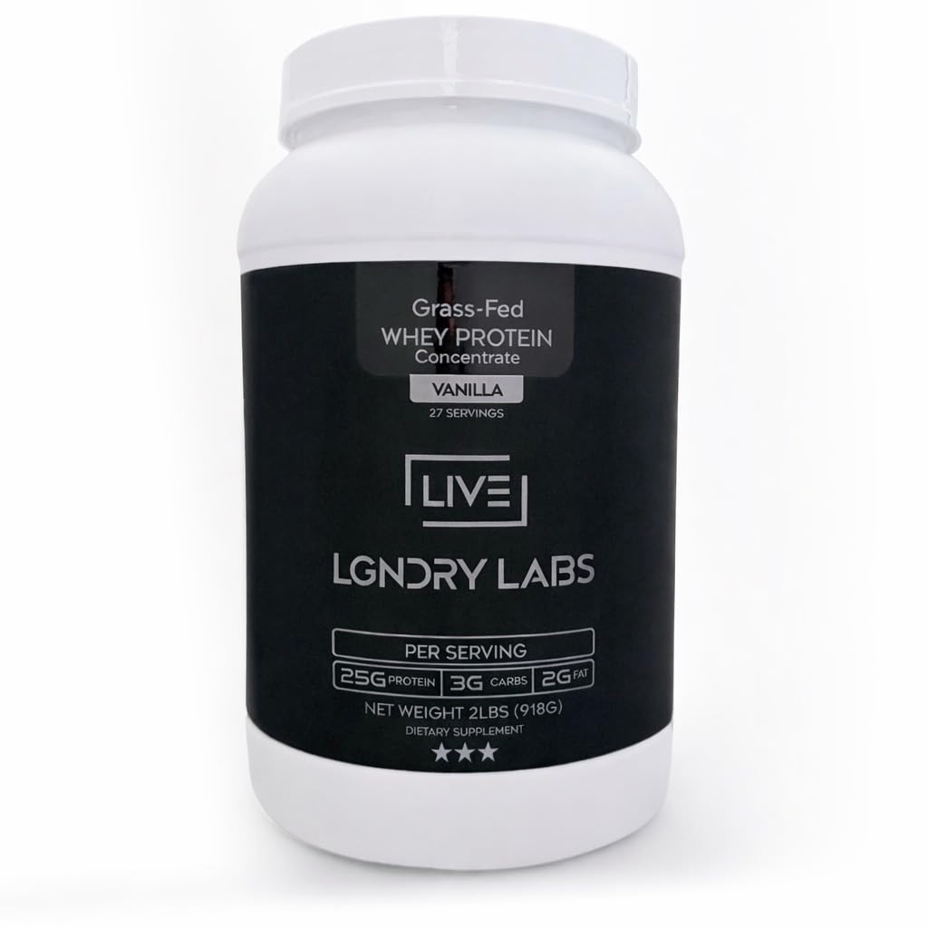LIVE LGNDRY LABS vanilla whey powder bottle for smooth shakes with clean taste.