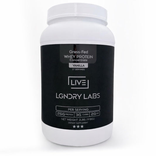 LIVE LGNDRY LABS vanilla whey powder bottle for smooth shakes with clean taste.