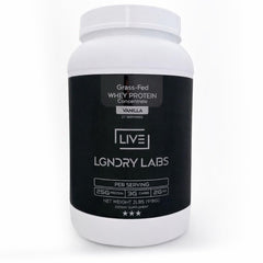 LIVE LGNDRY LABS vanilla whey powder bottle for smooth shakes with clean taste.