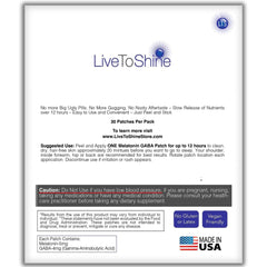 Live To Shine melatonin patch box front shows 30-patch one-month supply.