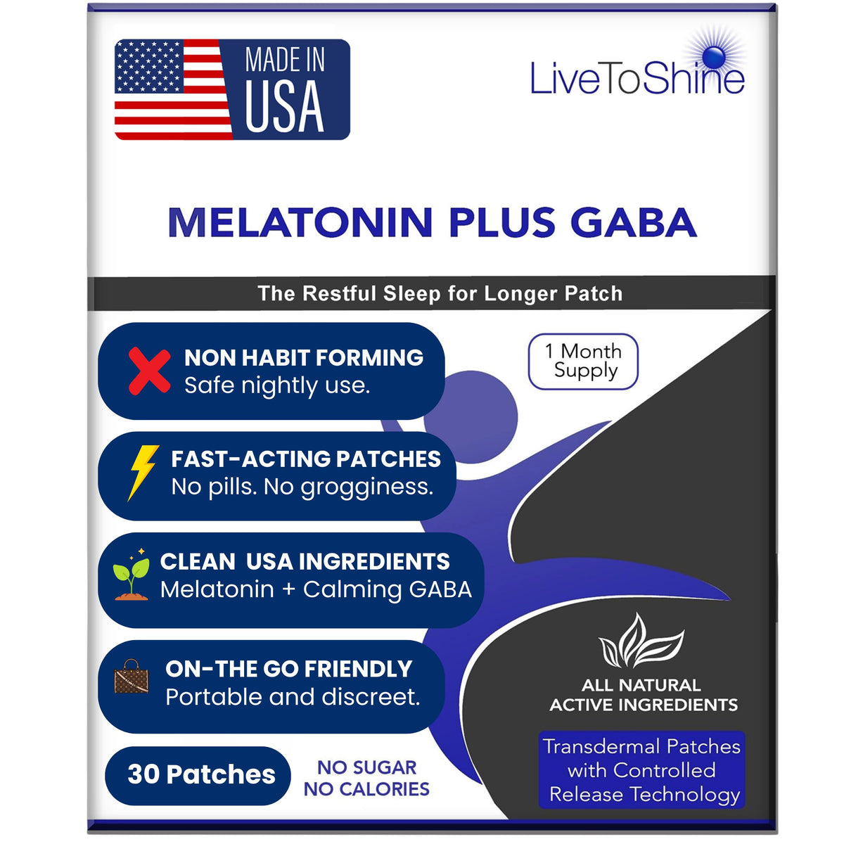Live To Shine melatonin patch packaging close-up highlighting USA-made quality.