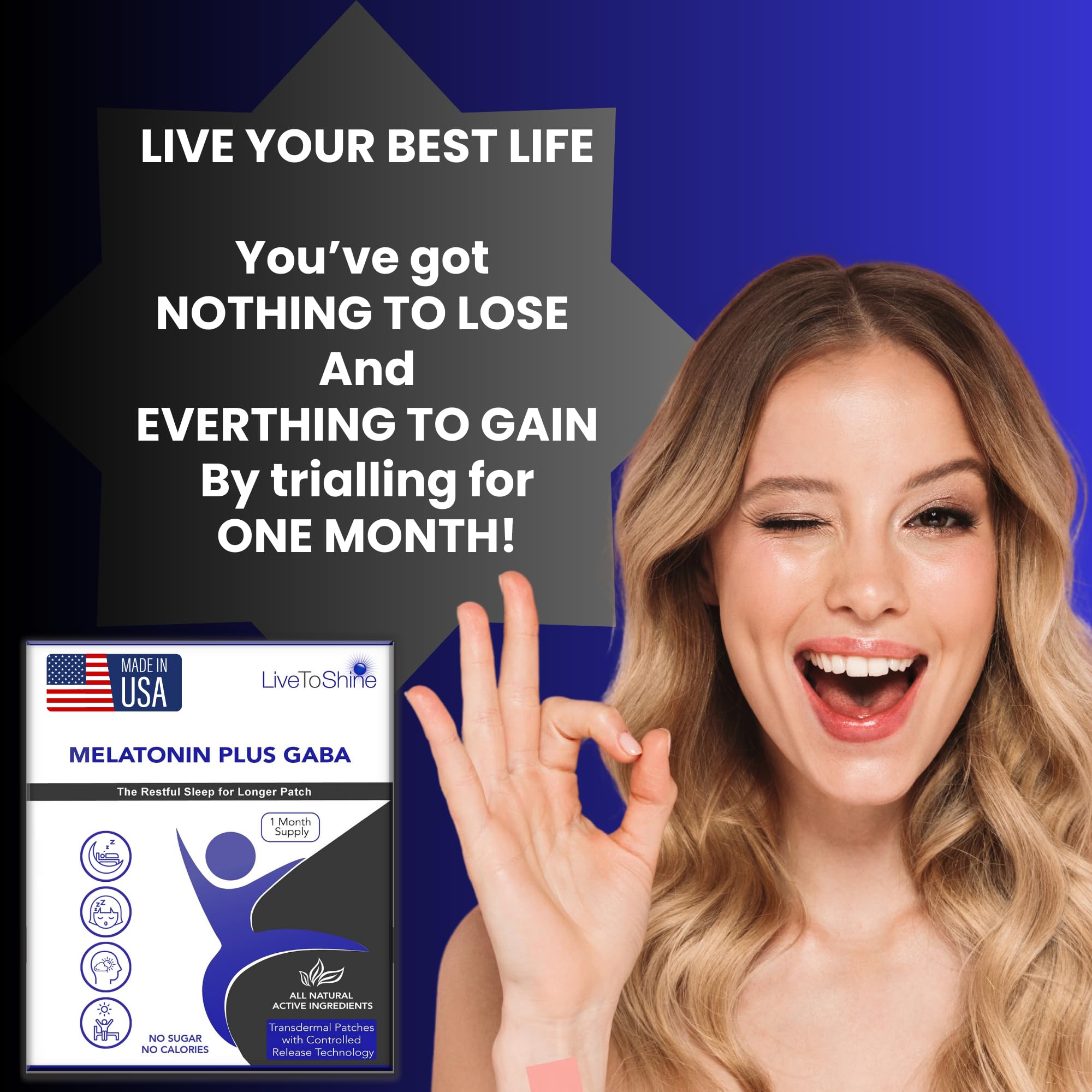Live To Shine melatonin patch vegan label highlights clean, plant-based option.