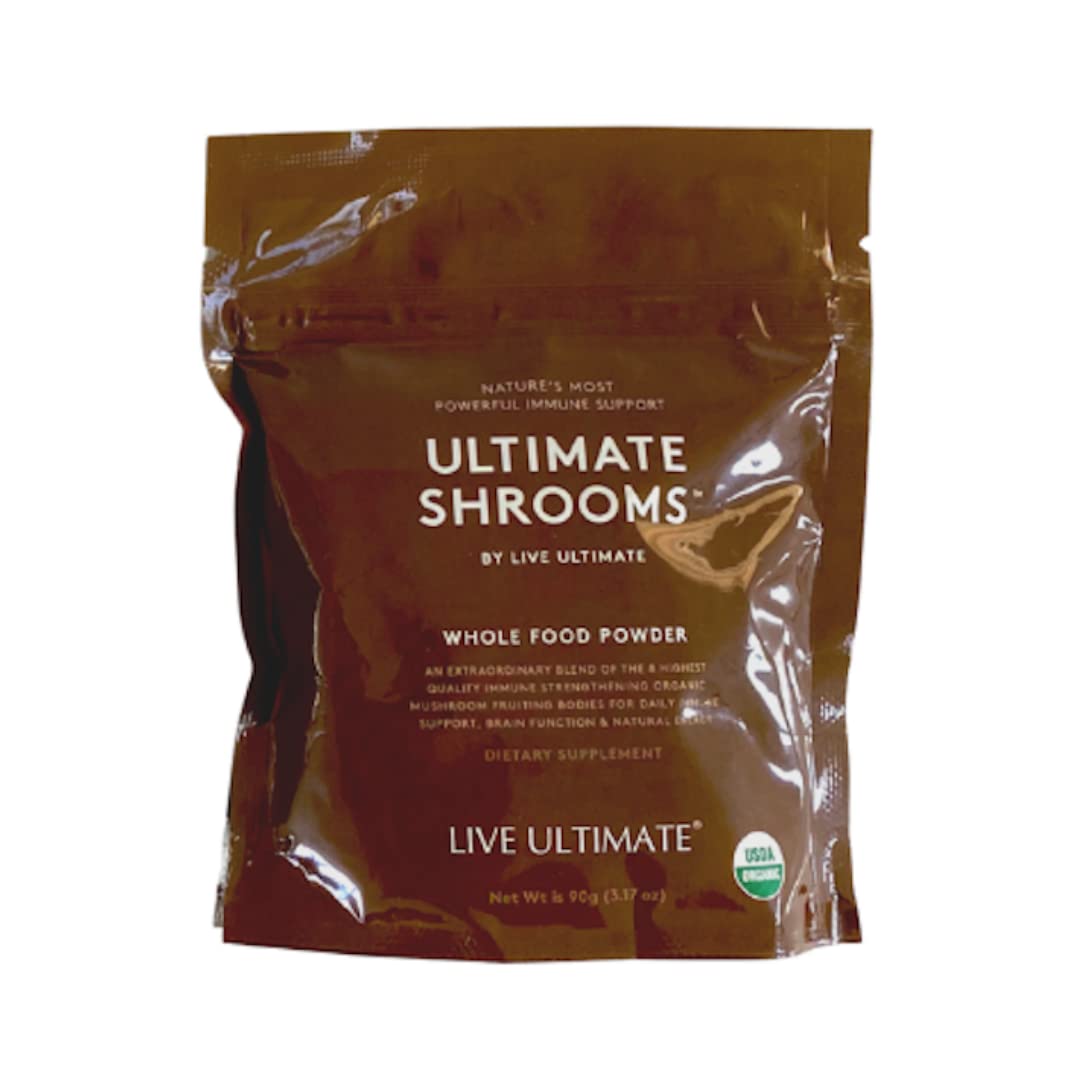 Live Ultimate Ultimate Shrooms pouch close-up for daily wellness support.