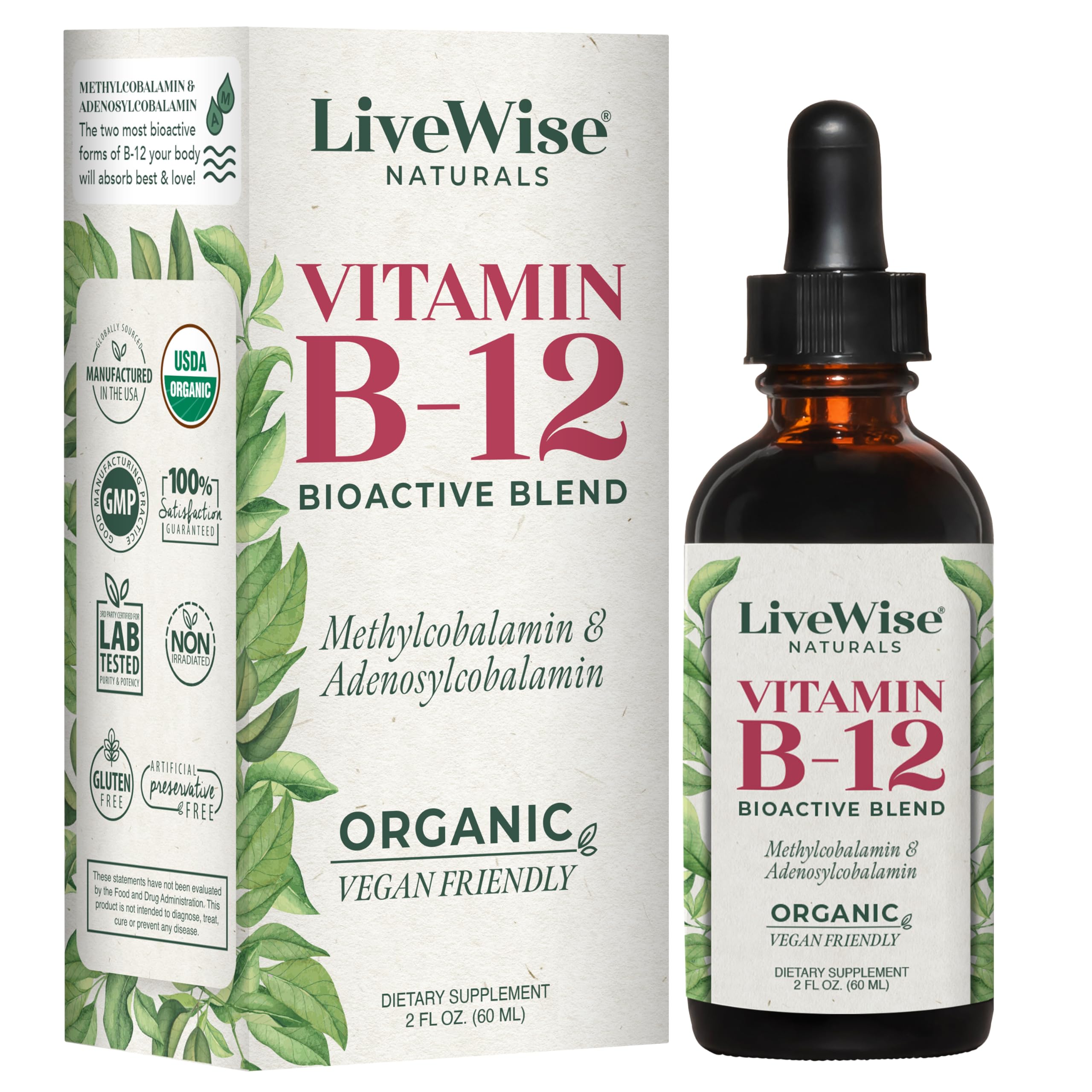 Live Wise Naturals B12 liquid drops used under the tongue for fast absorption