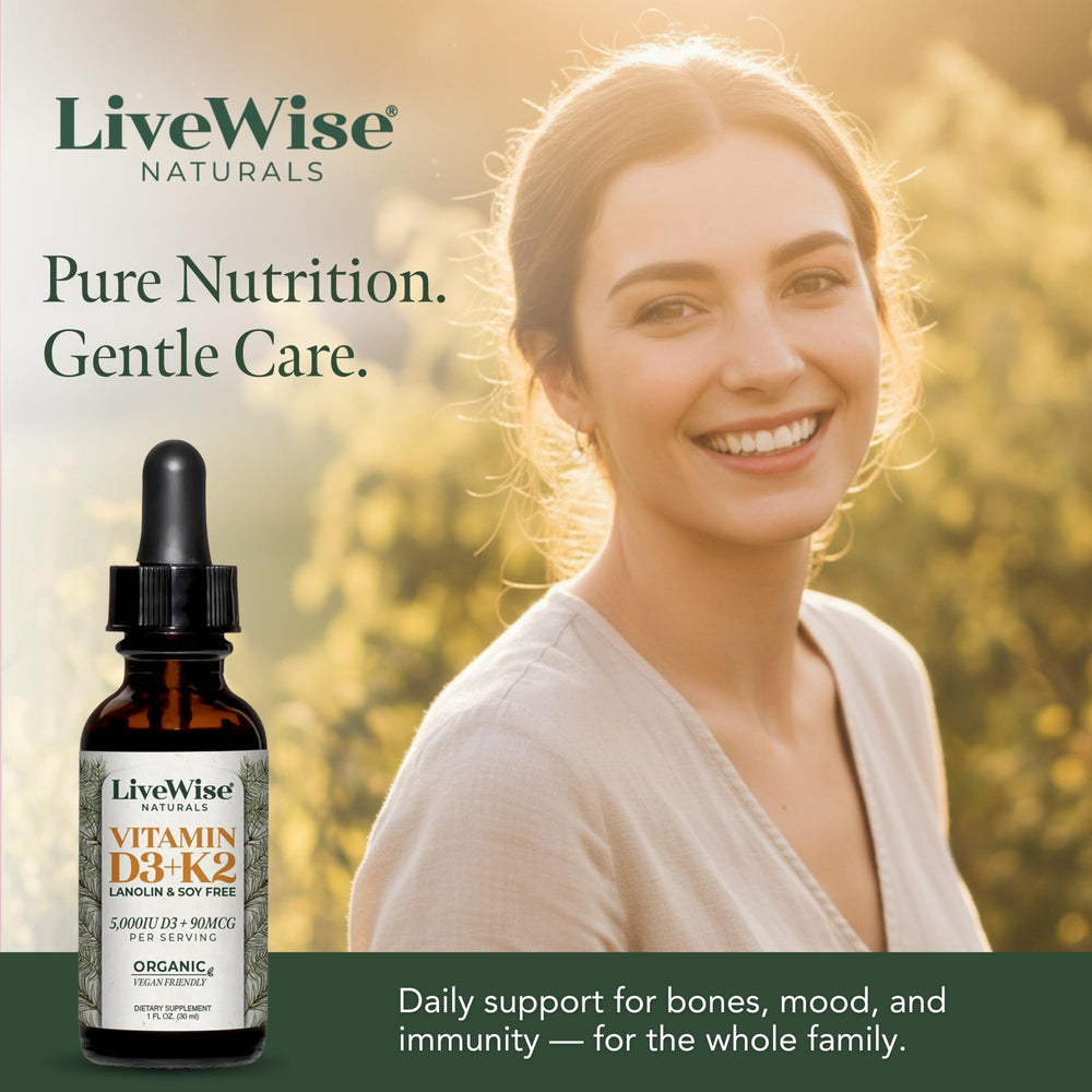 Live Wise Naturals Kids drops use demonstrates child-friendly dosing guidance.