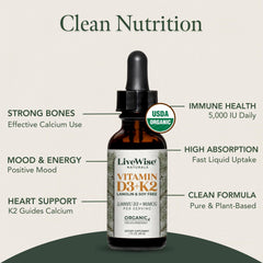 Live Wise Naturals Vitamin D3+K2 drops organic MCT oil base pictured.