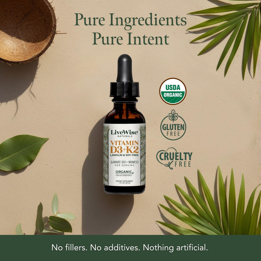Live Wise Naturals Vitamin D3+K2 drops label closeup shows clean, organic formula.