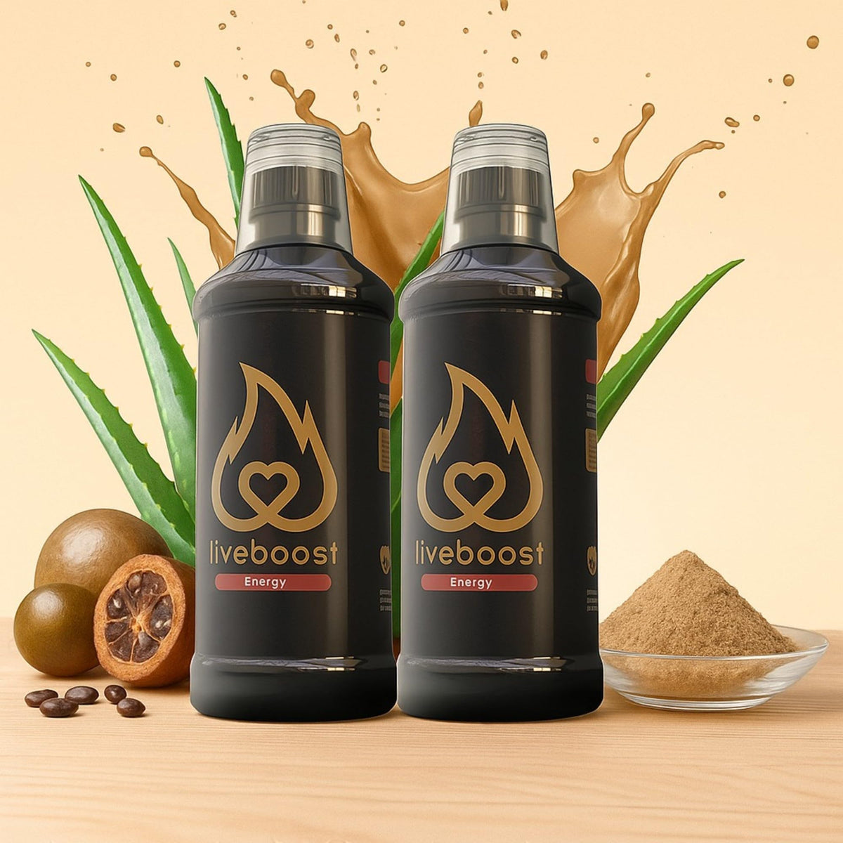 LIVEBOOST liquid supplement bottle pour for quick, convenient daily energy.