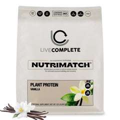 LiveComplete NutriMatch Vanilla bottle shows a plant-based protein source for balanced daily nutrition.