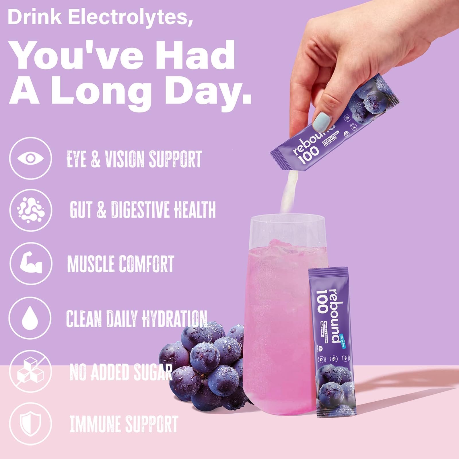 Liveen Rebound 100 grape flavor served in a glass for easy mixing