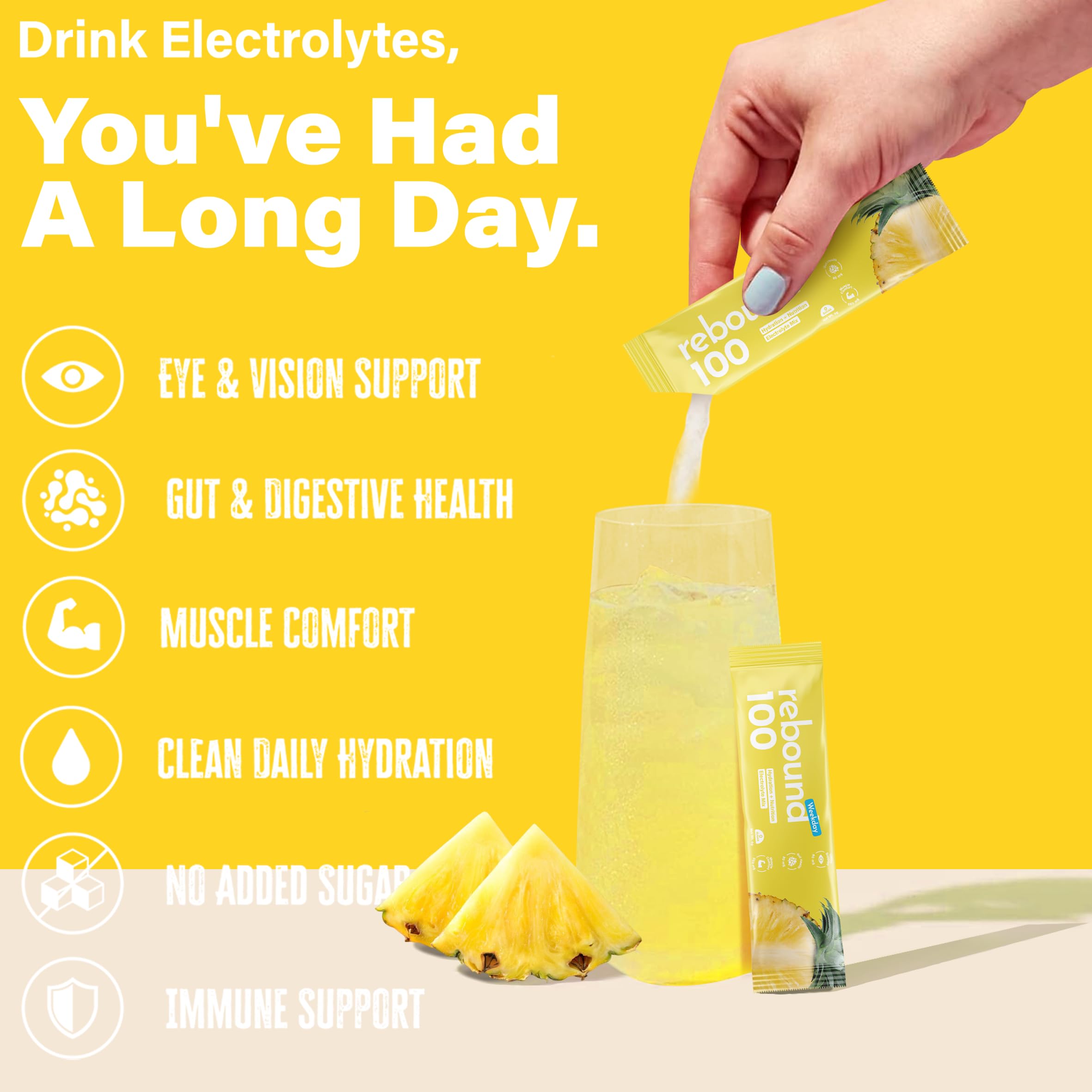 Liveen Rebound 100 electrolyte blend sachet ready to mix anytime.