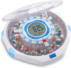 LiveFine pill dispenser front view with secure locking lid for home safety