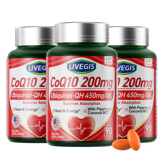LIVEGIS CoQ10 bottle with label, highlighting premium quality and US-made production.