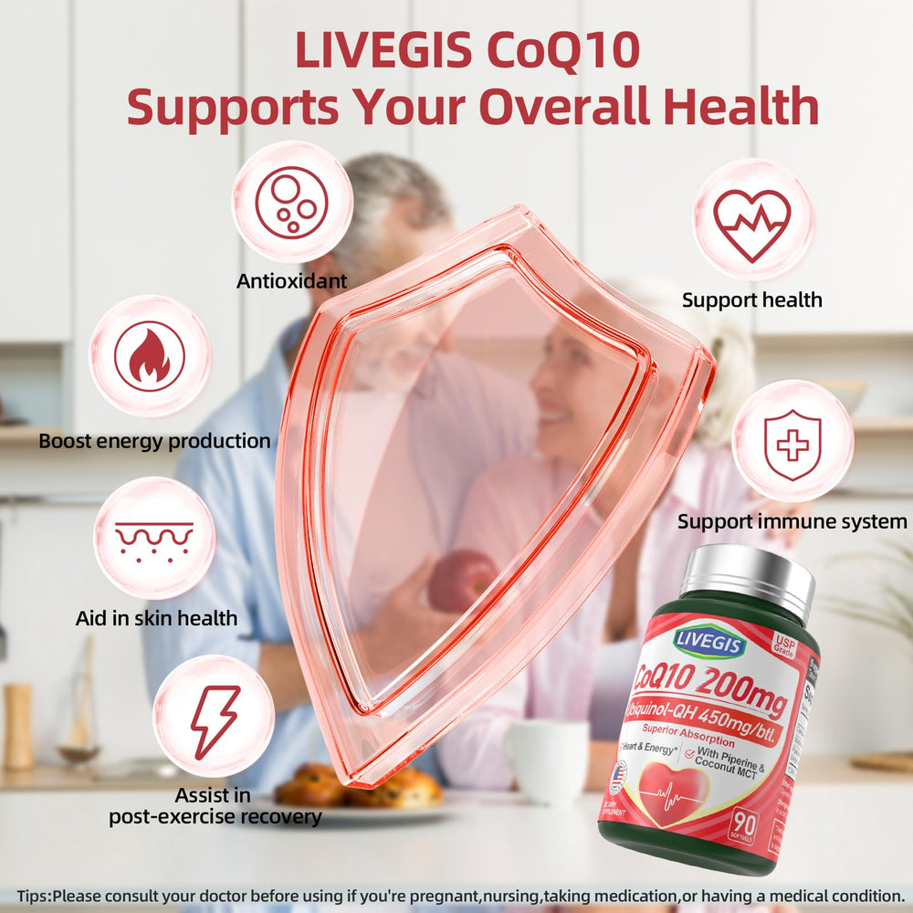 LIVEGIS CoQ10 energy-boost visual, suggesting daily vitality support.