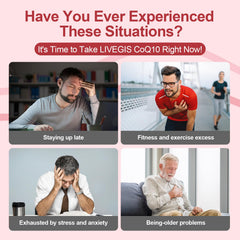 LIVEGIS CoQ10 softgels pour, showing easy daily intake for steady energy support.
