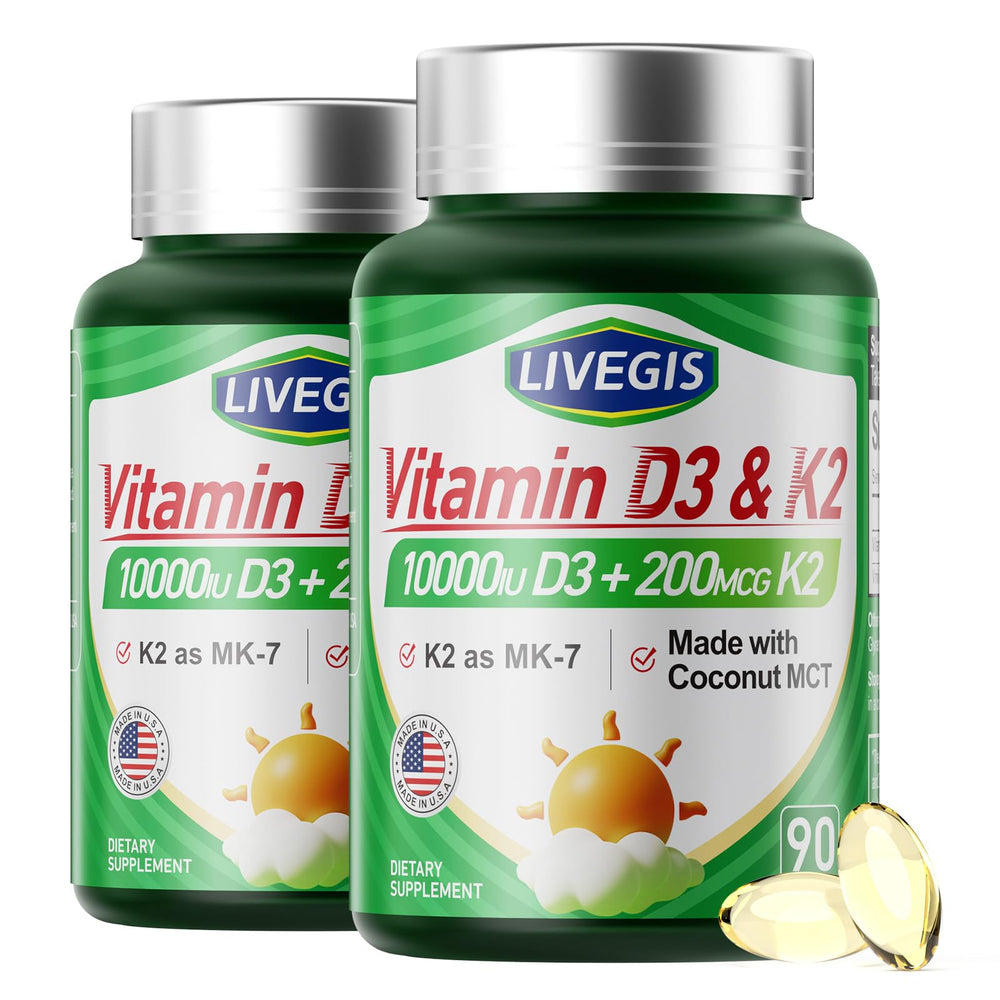 LIVEGIS Vitamin D3 K2 softgels bottle front view showing the product name and dosage benefits