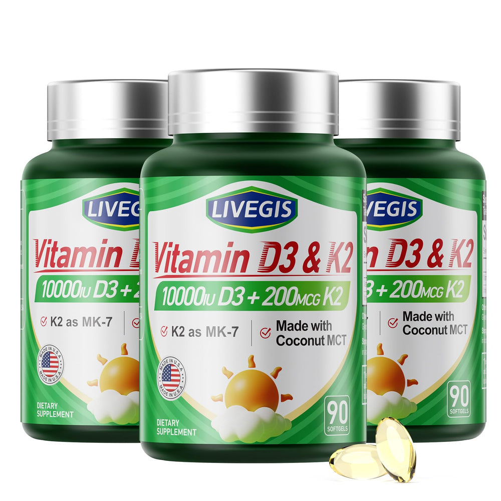 LIVEGIS Vitamin D3 K2 softgels bottle shows a potent daily supplement for bone and immune health.