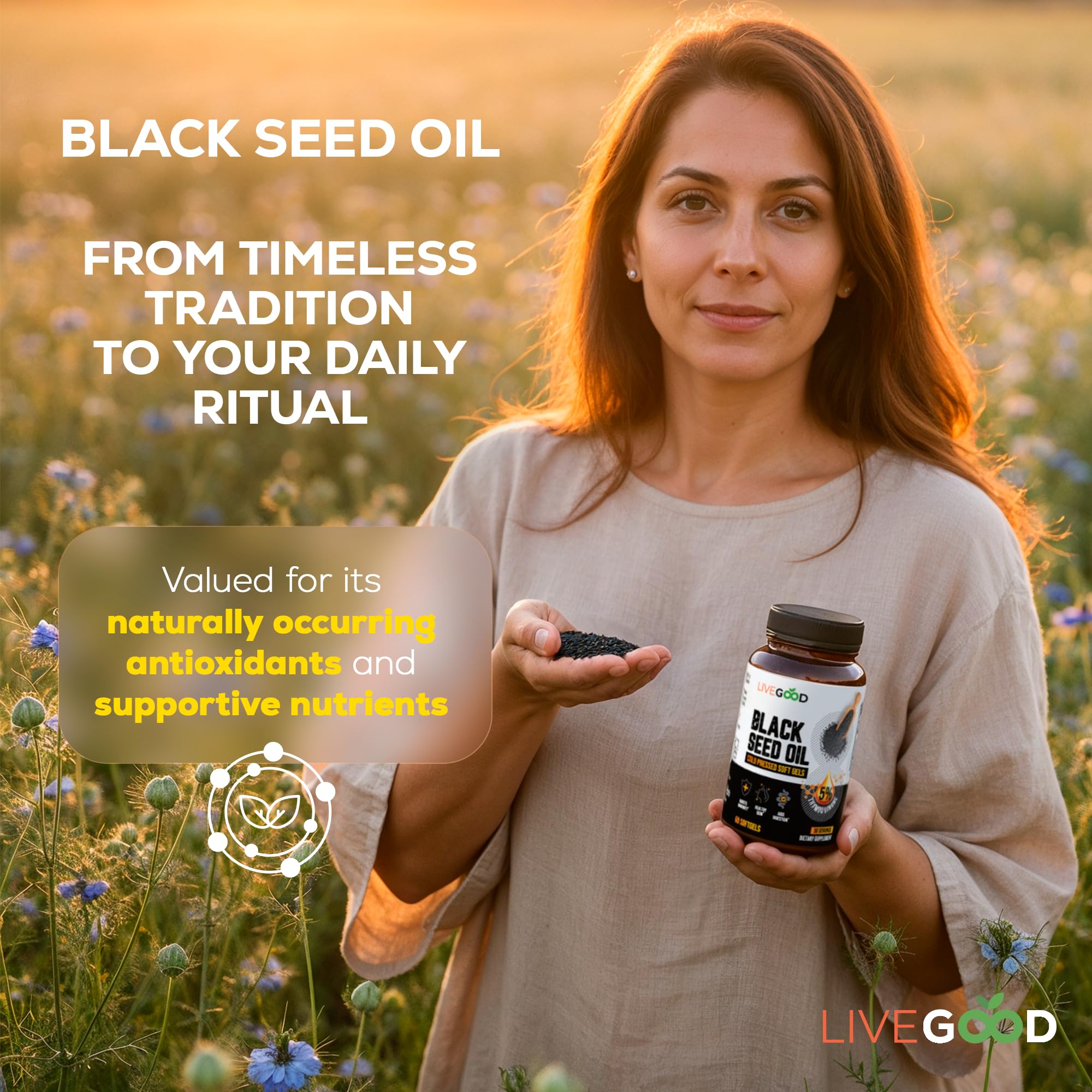 LiveGood Black Seed Oil capsules for easy daily dosing.