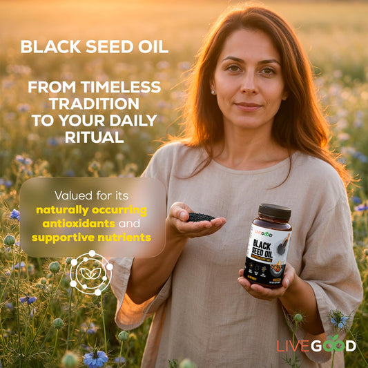LiveGood Black Seed Oil capsules for easy daily dosing.