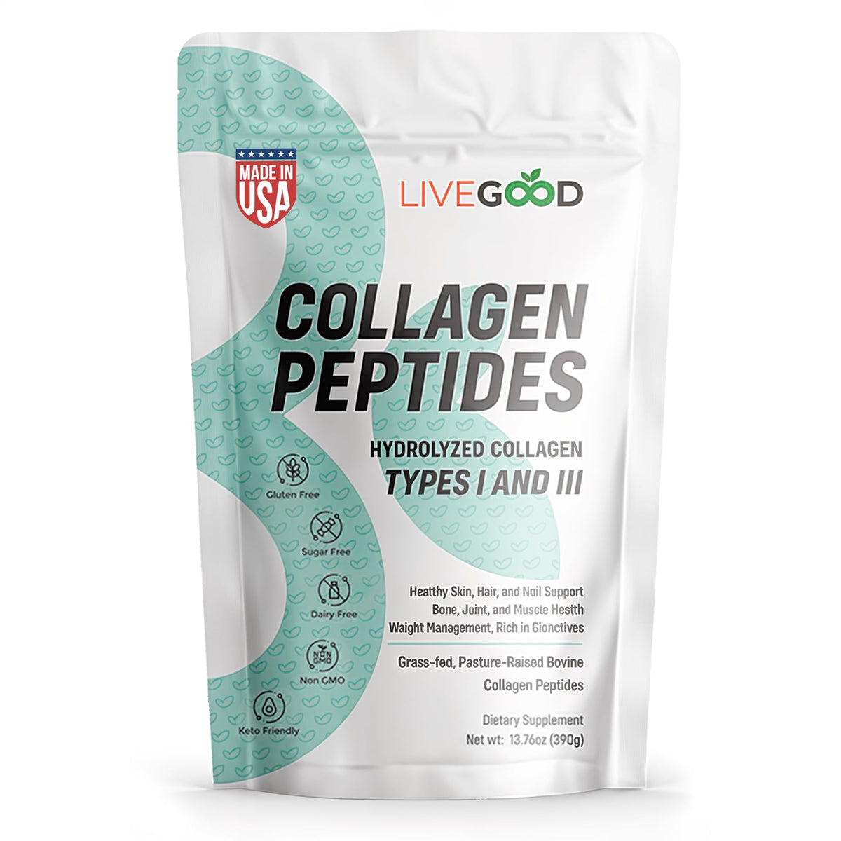 LiveGood Collagen Peptides powder bottle offers unflavored protein for joints and skin.
