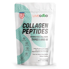 LiveGood Collagen Peptides powder bottle offers unflavored protein for joints and skin.