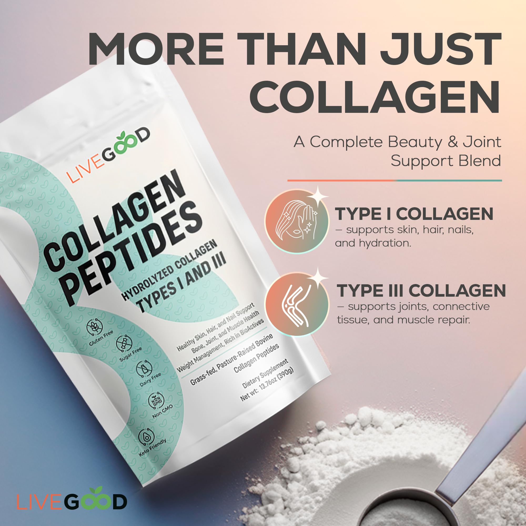 LiveGood collagen scoop shows easy daily dosing for mobility and recovery.