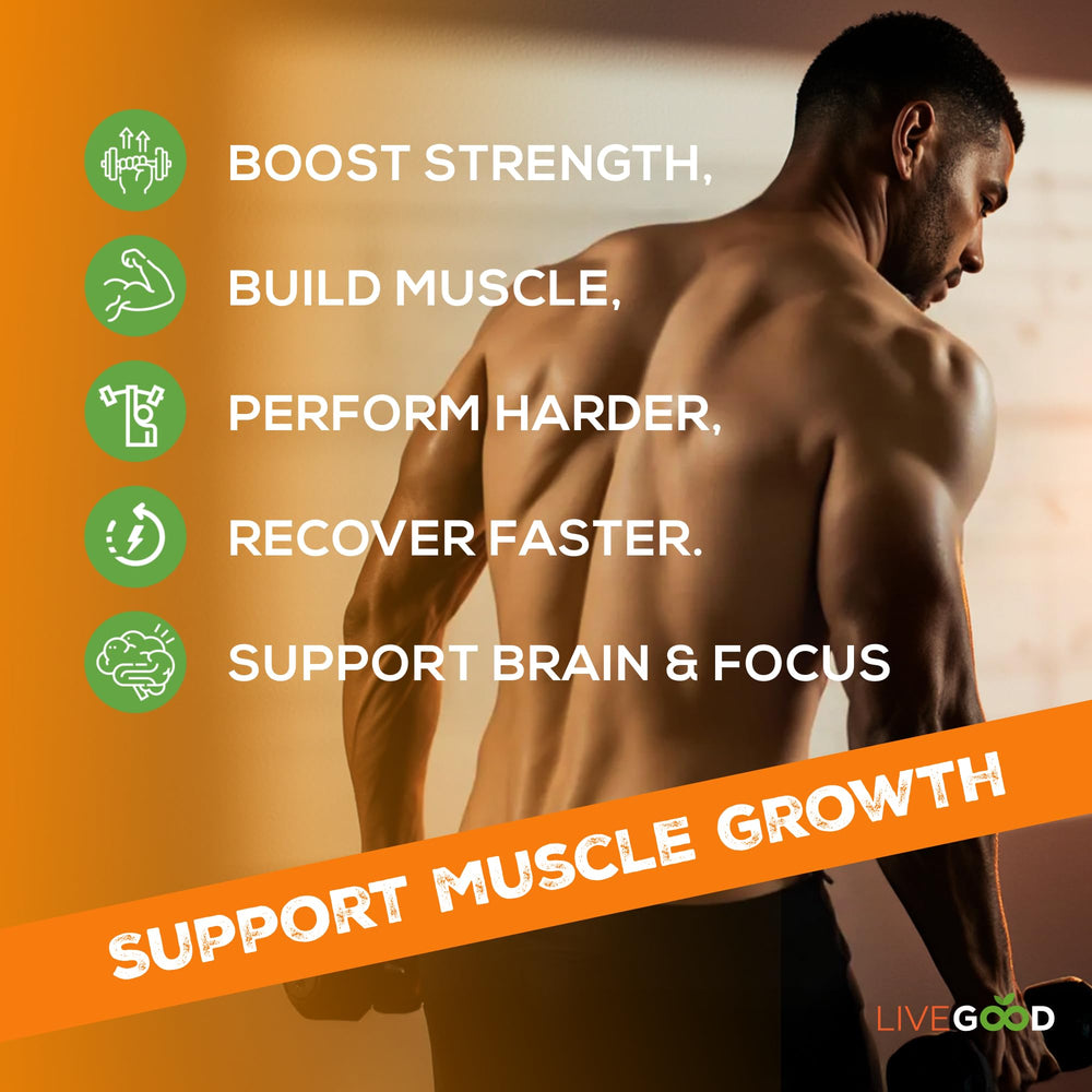 LIVEGOOD Creatine + HMB crystal close-up—premium purity supporting consistency.