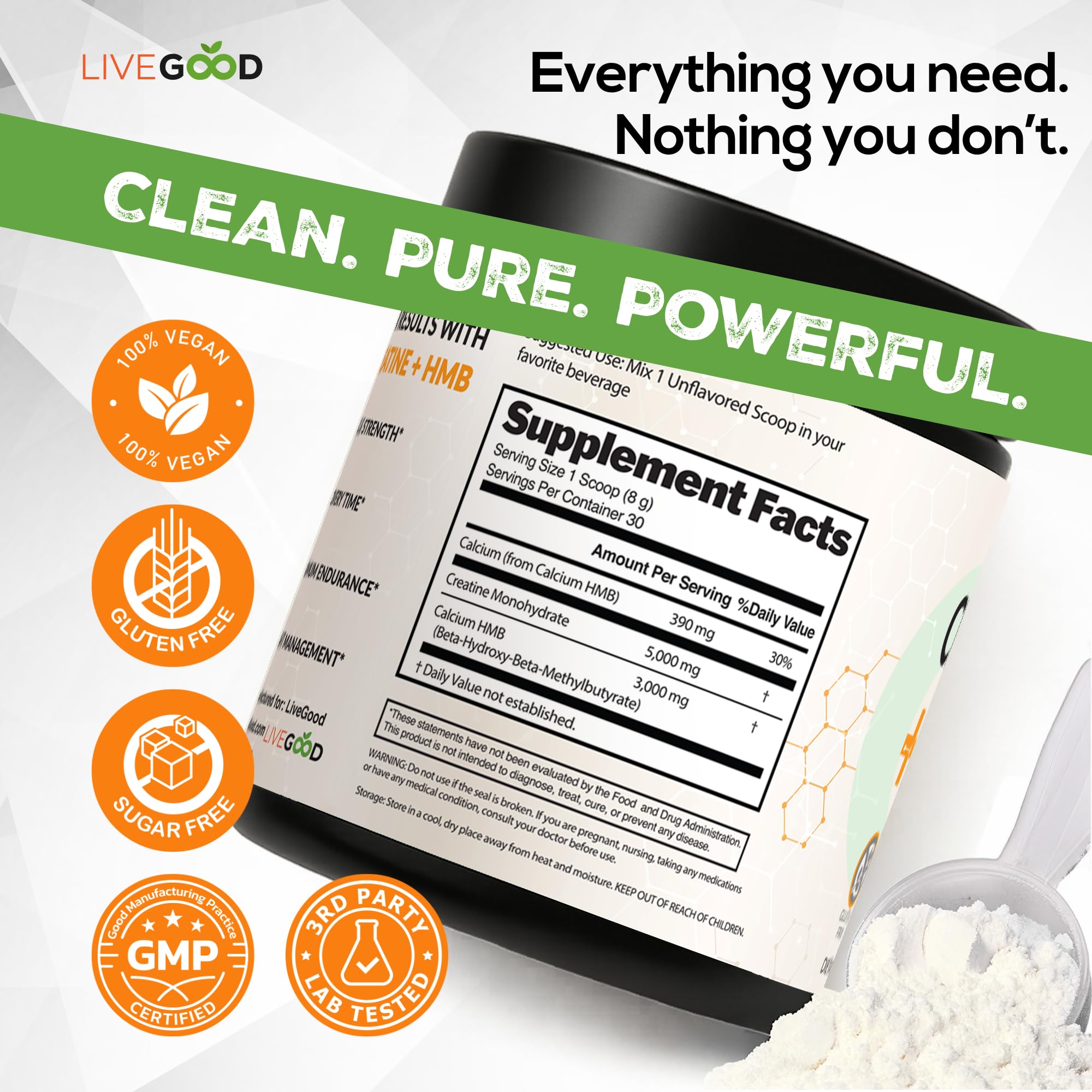 LIVEGOOD Creatine + HMB ingredient label—transparency you can trust in every batch.