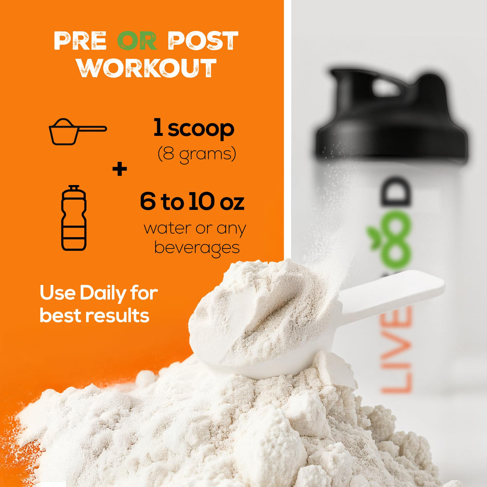 LIVEGOOD Creatine + HMB dissolving in water—unflavored formula blends easily.