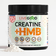 LIVEGOOD Creatine + HMB powder jar front showcasing clean ingredients for workouts.