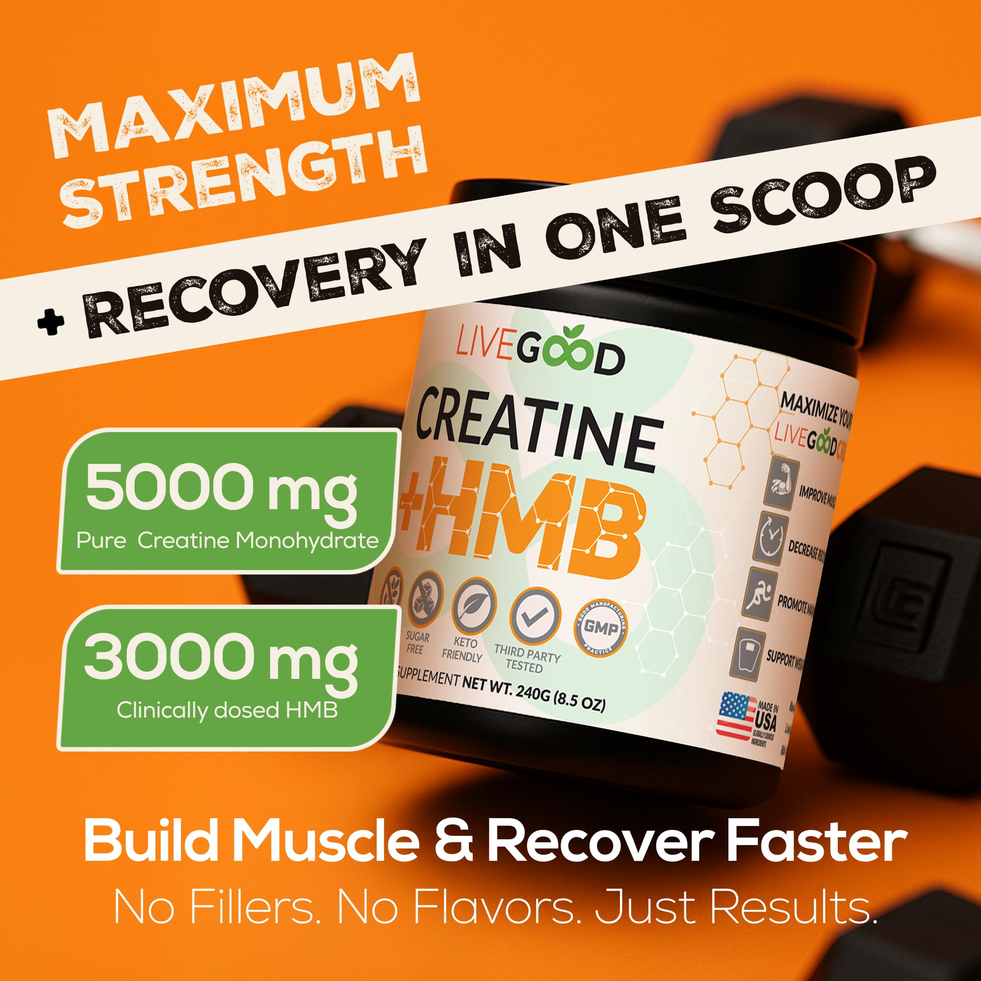 LIVEGOOD Creatine + HMB scoop with powder—simple daily dose for training support.