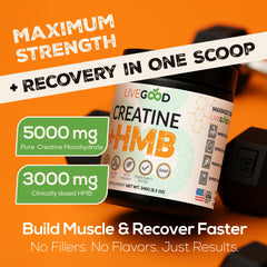 LIVEGOOD Creatine + HMB scoop with powder—simple daily dose for training support.