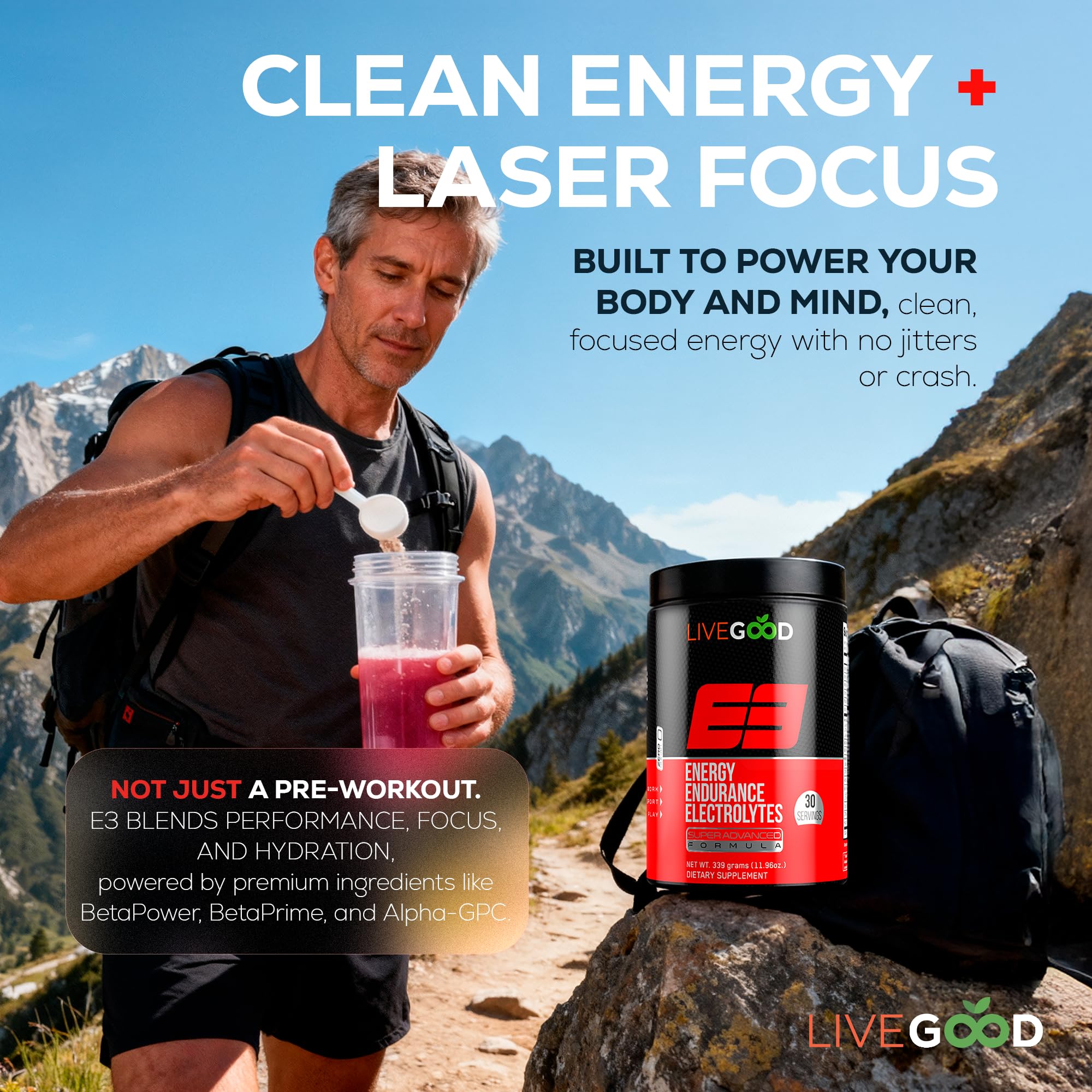 LiveGood E3 alpha-GPC focus close-up for mental clarity during workouts.