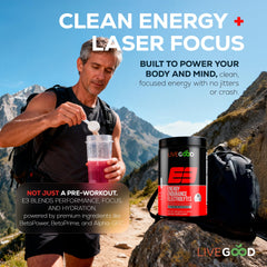 LiveGood E3 alpha-GPC focus close-up for mental clarity during workouts.