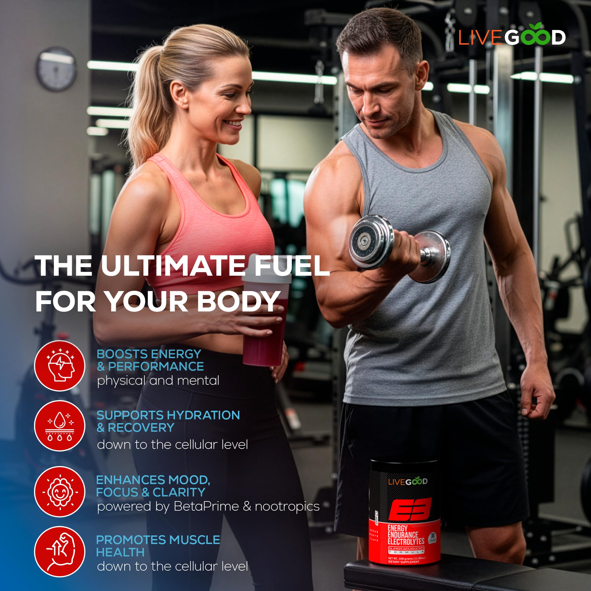 LiveGood E3 hydration with electrolytes supports steady performance.