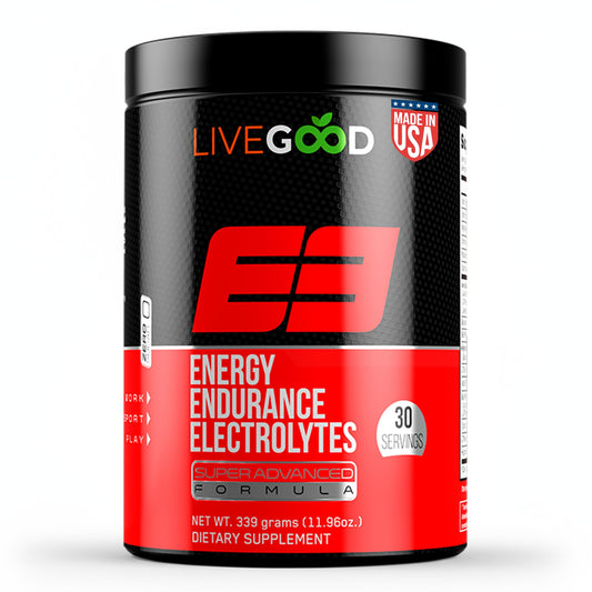 LiveGood E3 preworkout bottle ready for a clean energy boost.