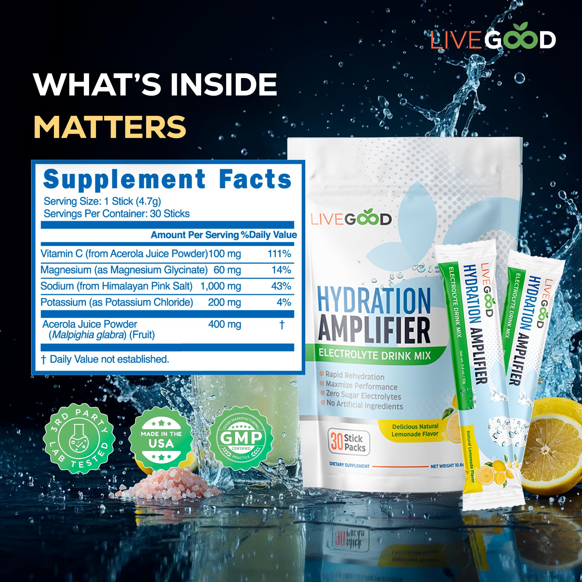 LIVEGOOD Electrolyte Powder mineral blend scoop ready to mix for daily hydration.