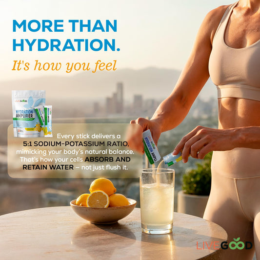 LIVEGOOD Hydration Amplifier Lemonade glass dissolving for refreshing electrolyte support.
