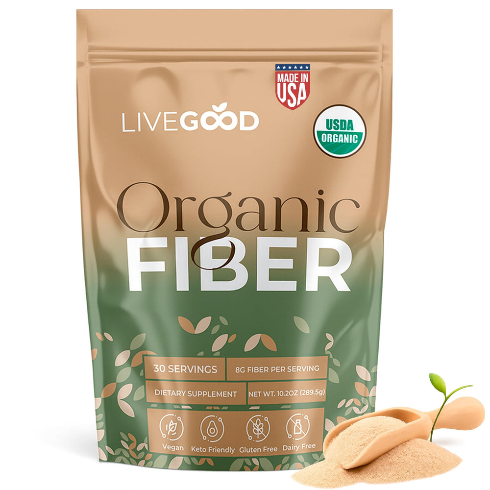 LiveGood Organic Fiber Powder bottle label highlights plant-based fiber sources for digestion support.