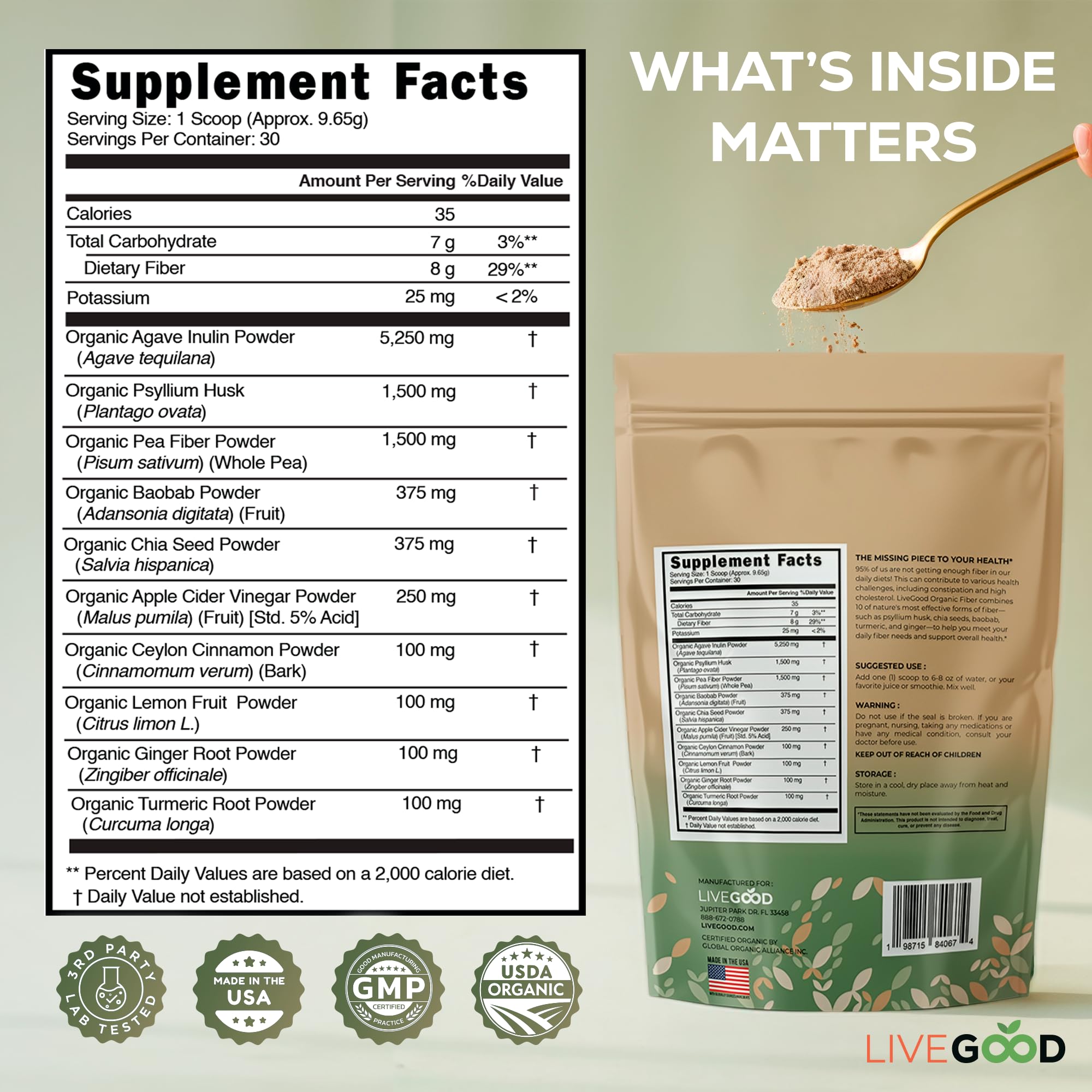 LiveGood Organic Fiber Powder stirred into water for easy daily hydration.