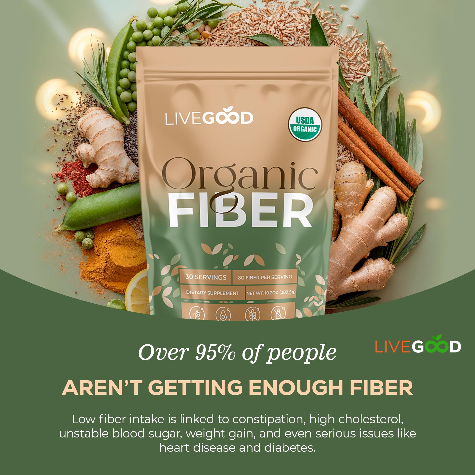 Scoop of LiveGood Organic Fiber Powder ready for daily serving and mixing.
