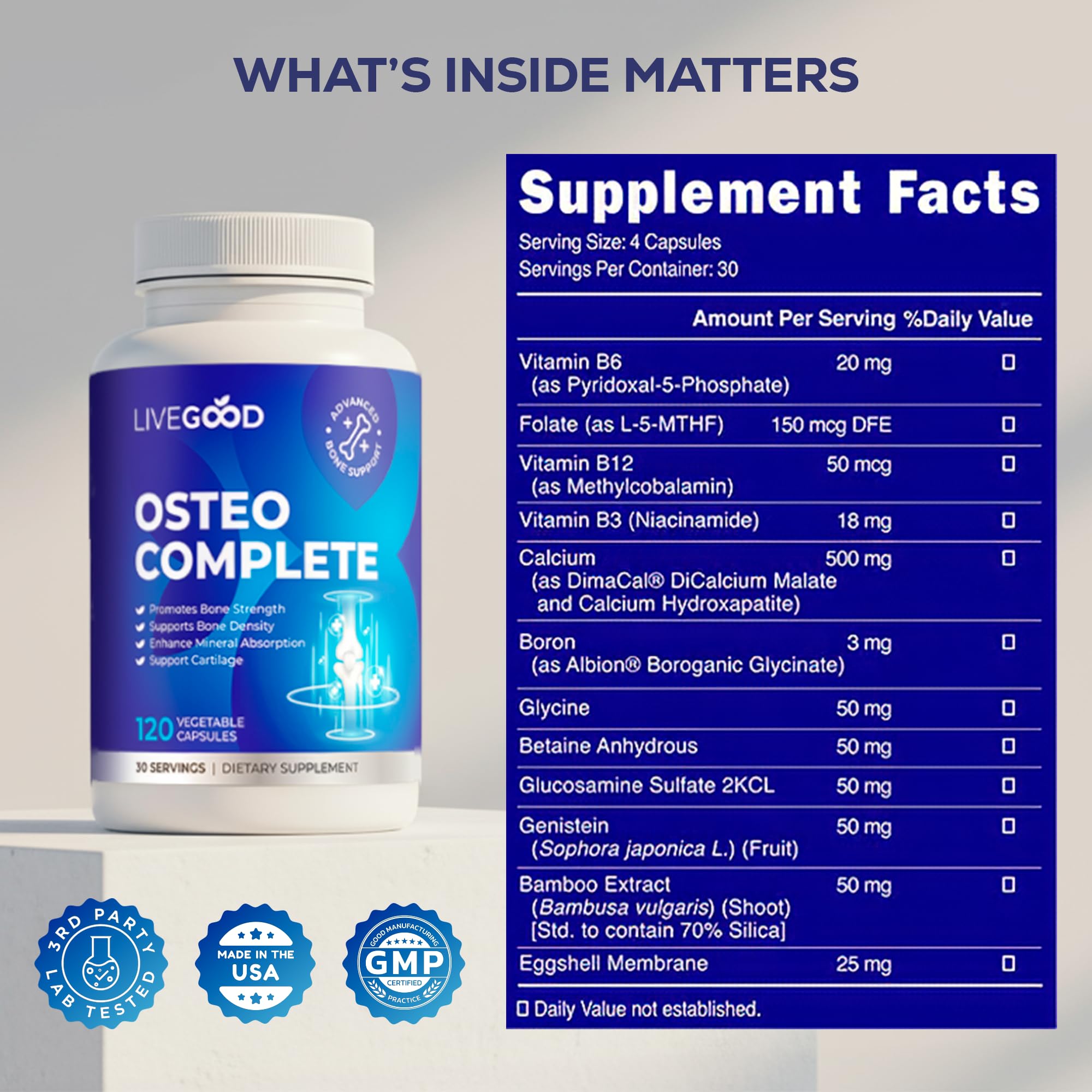 LiveGood Osteo Complete bottle front shows trusted USA made formula
