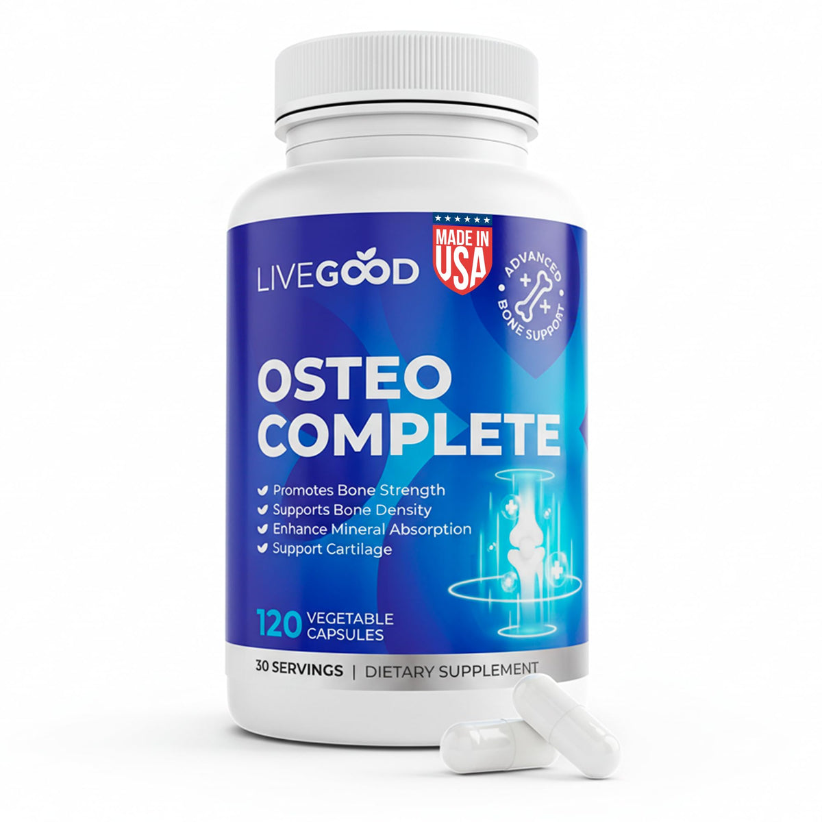 LiveGood Osteo Complete bottle pour for easy daily bone support