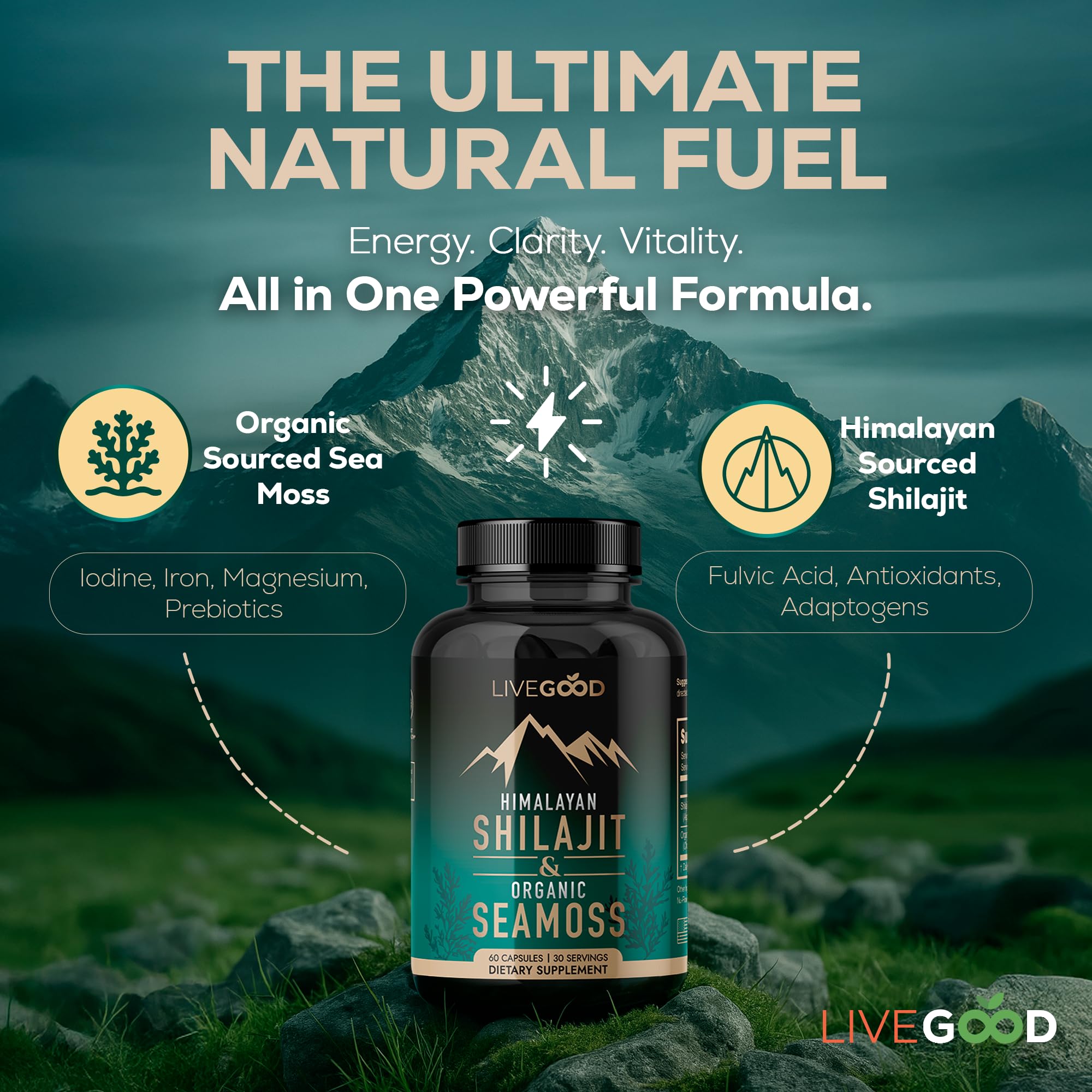 LIVEGOOD Sea Moss capsules jar highlighting 100+ minerals for balanced nutrition.