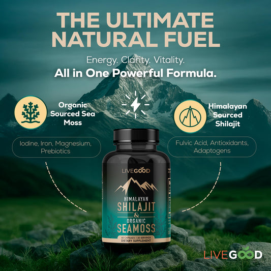LIVEGOOD Sea Moss capsules jar highlighting 100+ minerals for balanced nutrition.