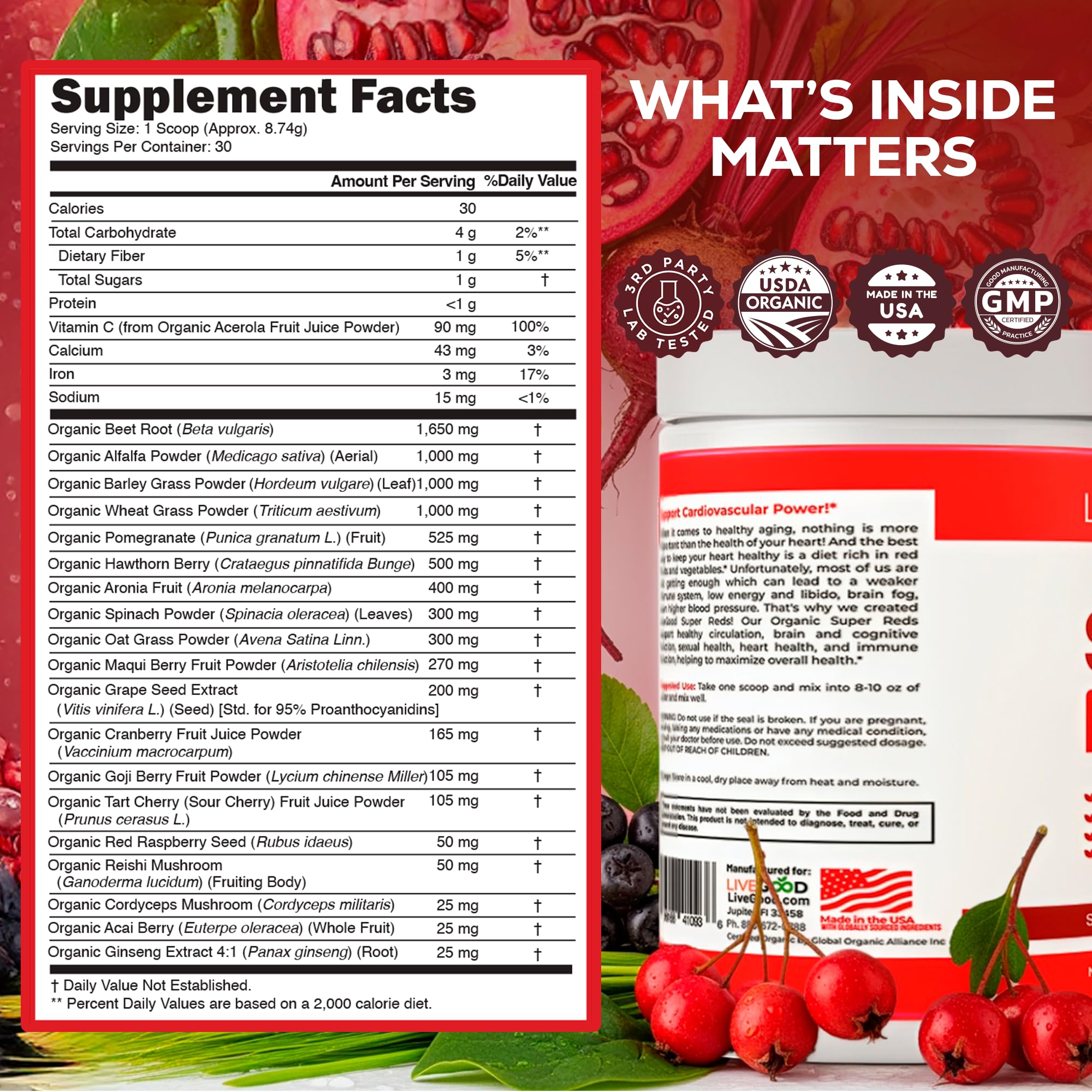 LiveGood Super Reds antioxidant fruit blend glass demonstrates convenient daily nutrition.