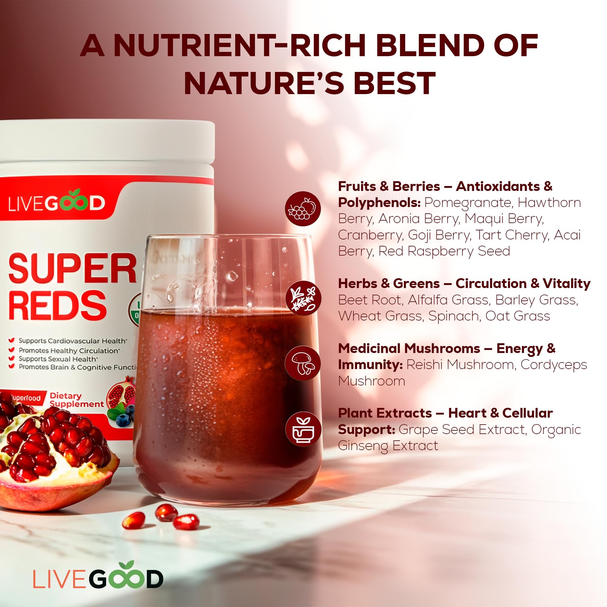 LiveGood Super Reds daily-use powder in glass shows easy mixing.