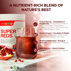 LiveGood Super Reds daily-use powder in glass shows easy mixing.